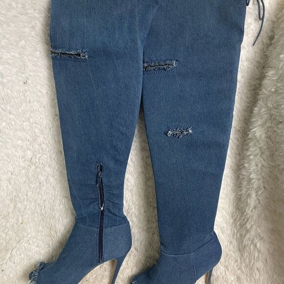 Wild Diva over the knee Denim 4”heels boots peep toe side zipper size 5.5 - Picture 3 of 10